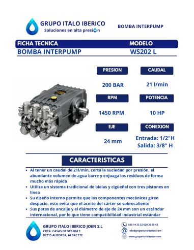 Bomba alta presión INTERPUMP WS202 200 bar 21 l/min
