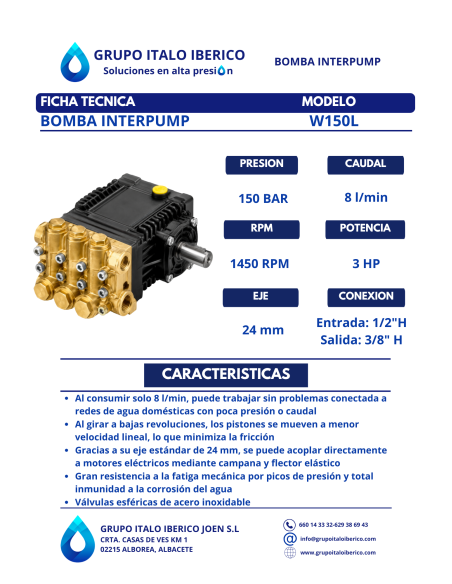 Bomba Alta Presión Profesional Interpump W150 - 150 Bar, 8 L/min